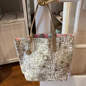 Lilly Pulitzer Cream and Gold reversible Tote Bag with Whimsical Design